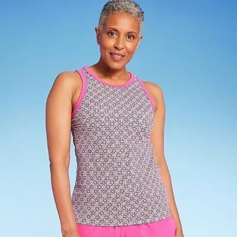 Lands' End Pink Trim Floral Tankini Top UPF 50